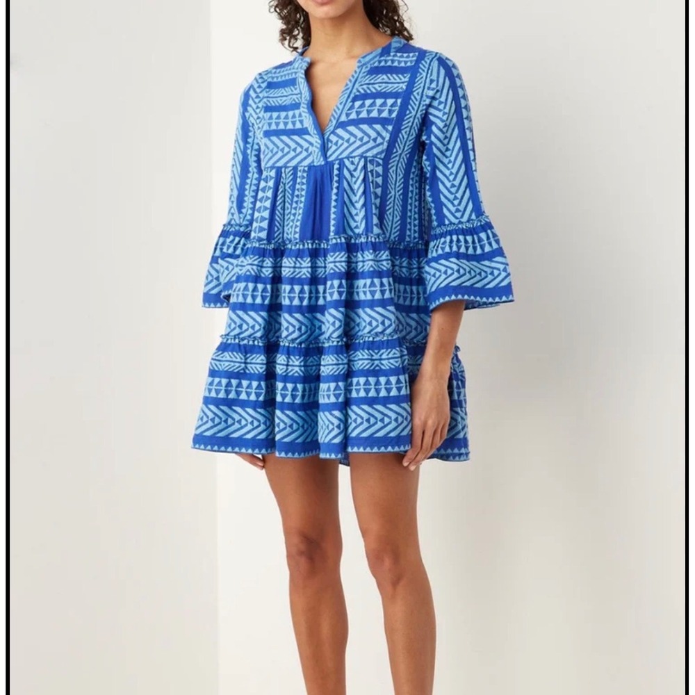 Devotion Twins Ella Tunic Mini Dress blue geometric M resort boho vacation artsy